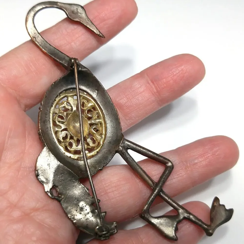 Vintage Tall Bird Brooch, Mixed Metals, 1930s 1940s